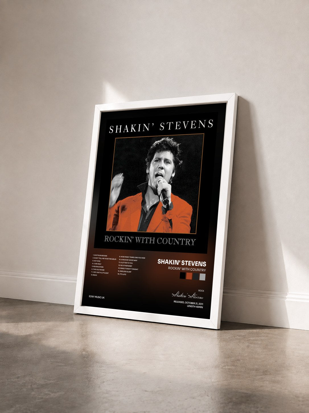 #blanc Tableau de l'album Rockin' With Country de Shakin' Stevens vu de trois quarts, cadre blanc
