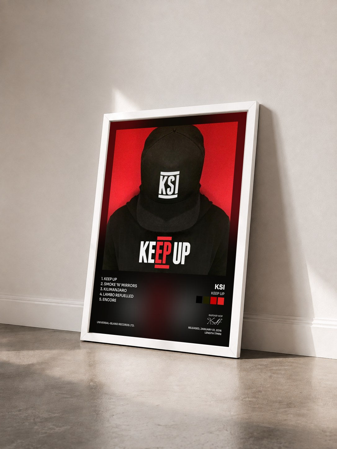 #blanc Tableau de l'album Keep Up de KSI vu de trois quarts, cadre blanc