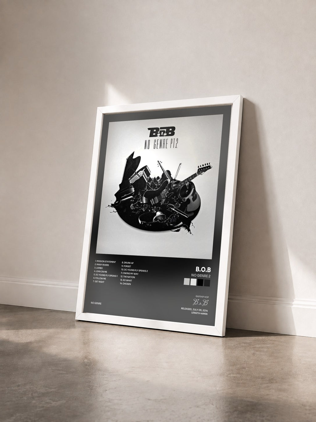 #blanc Tableau de l'album No Genre 2 de B.o.B vu de trois quarts, cadre blanc