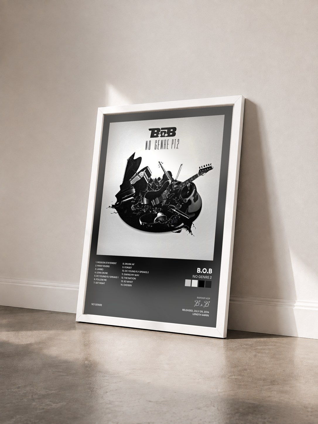 #blanc Tableau de l'album No Genre 2 de B.o.B vu de trois quarts, cadre blanc