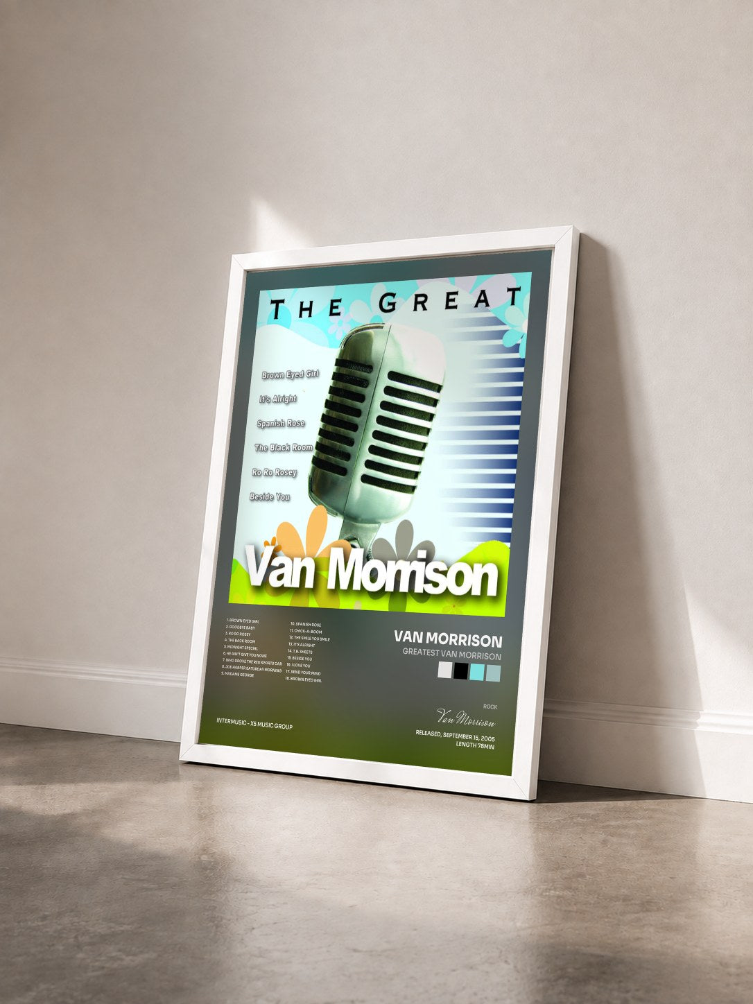 #blanc Tableau de l'album Greatest Van Morrison de Van Morrison vu de trois quarts, cadre blanc