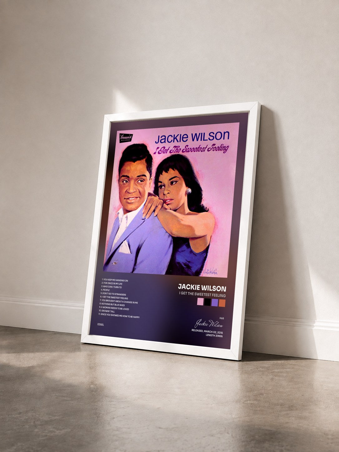 #blanc Tableau de l'album I Get the Sweetest Feeling de Jackie Wilson vu de trois quarts, cadre blanc