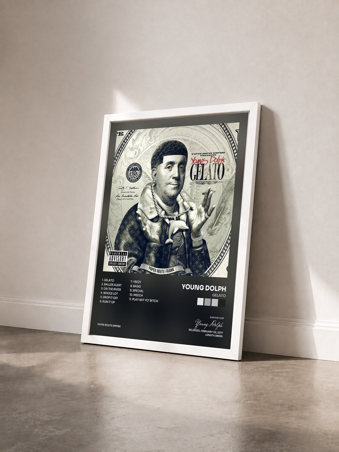#blanc Tableau de l'album Gelato de Young Dolph vu de trois quarts, cadre blanc