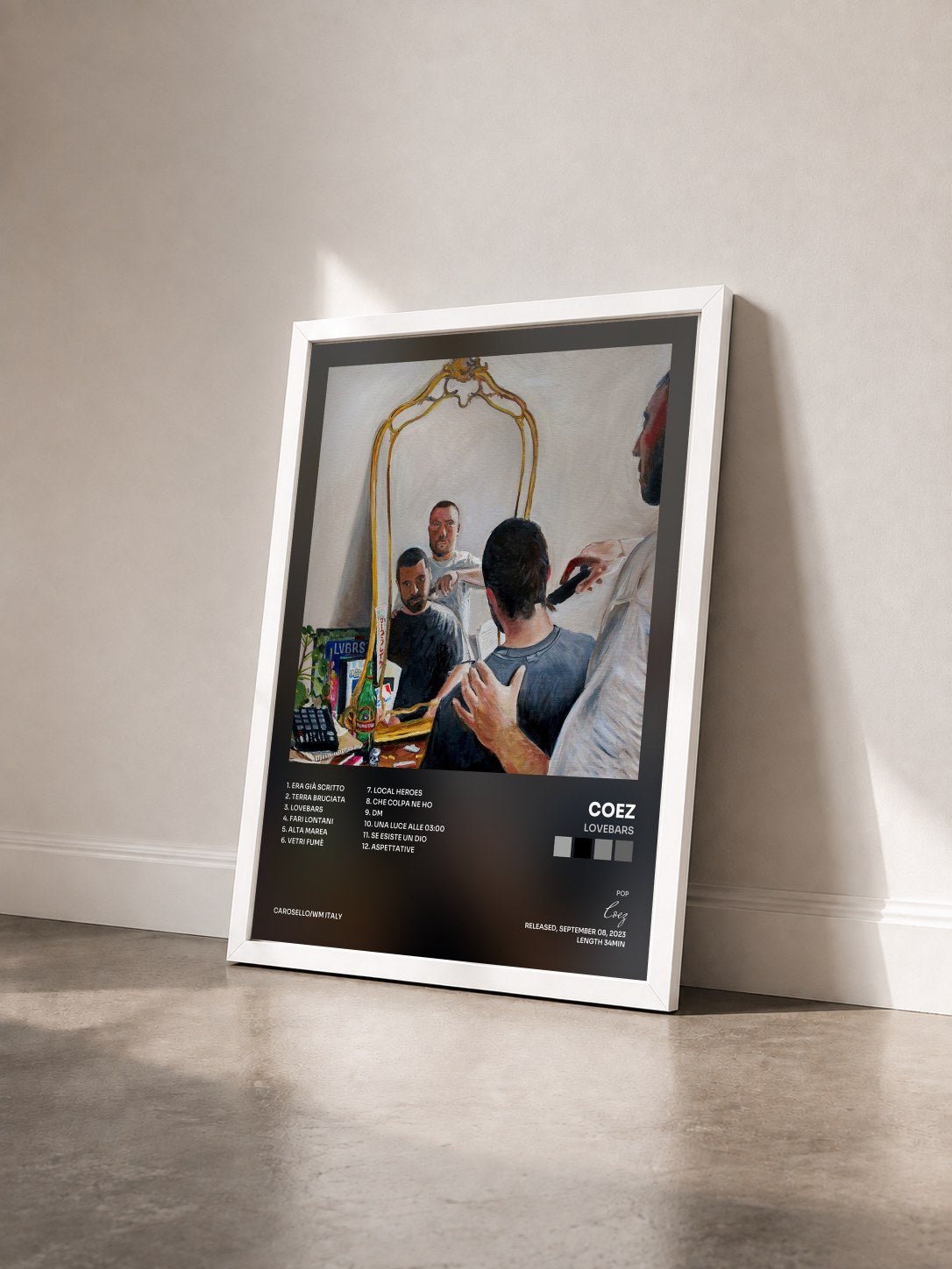 #blanc Tableau de l'album Lovebars de Coez vu de trois quarts, cadre blanc