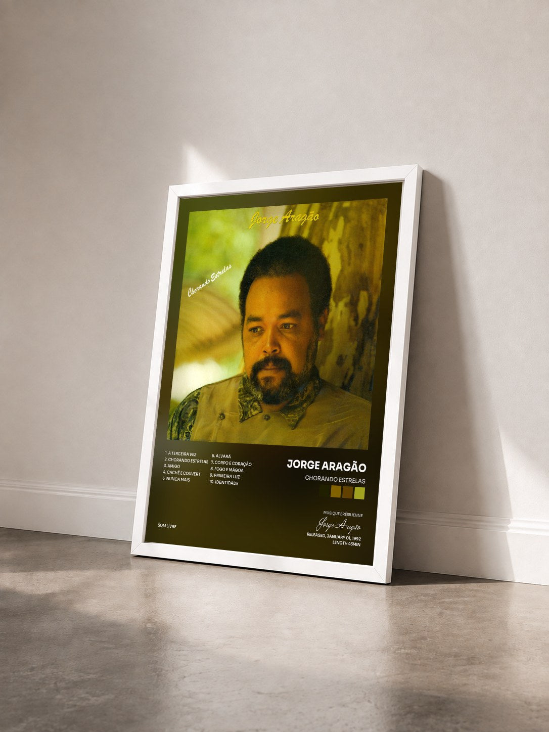 #blanc Tableau de l'album Chorando Estrelas de Jorge Aragão vu de trois quarts, cadre blanc