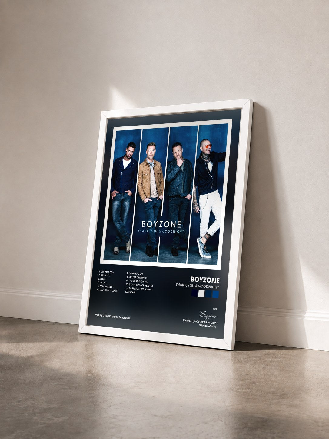 #blanc Tableau de l'album Thank You & Goodnight de Boyzone vu de trois quarts, cadre blanc