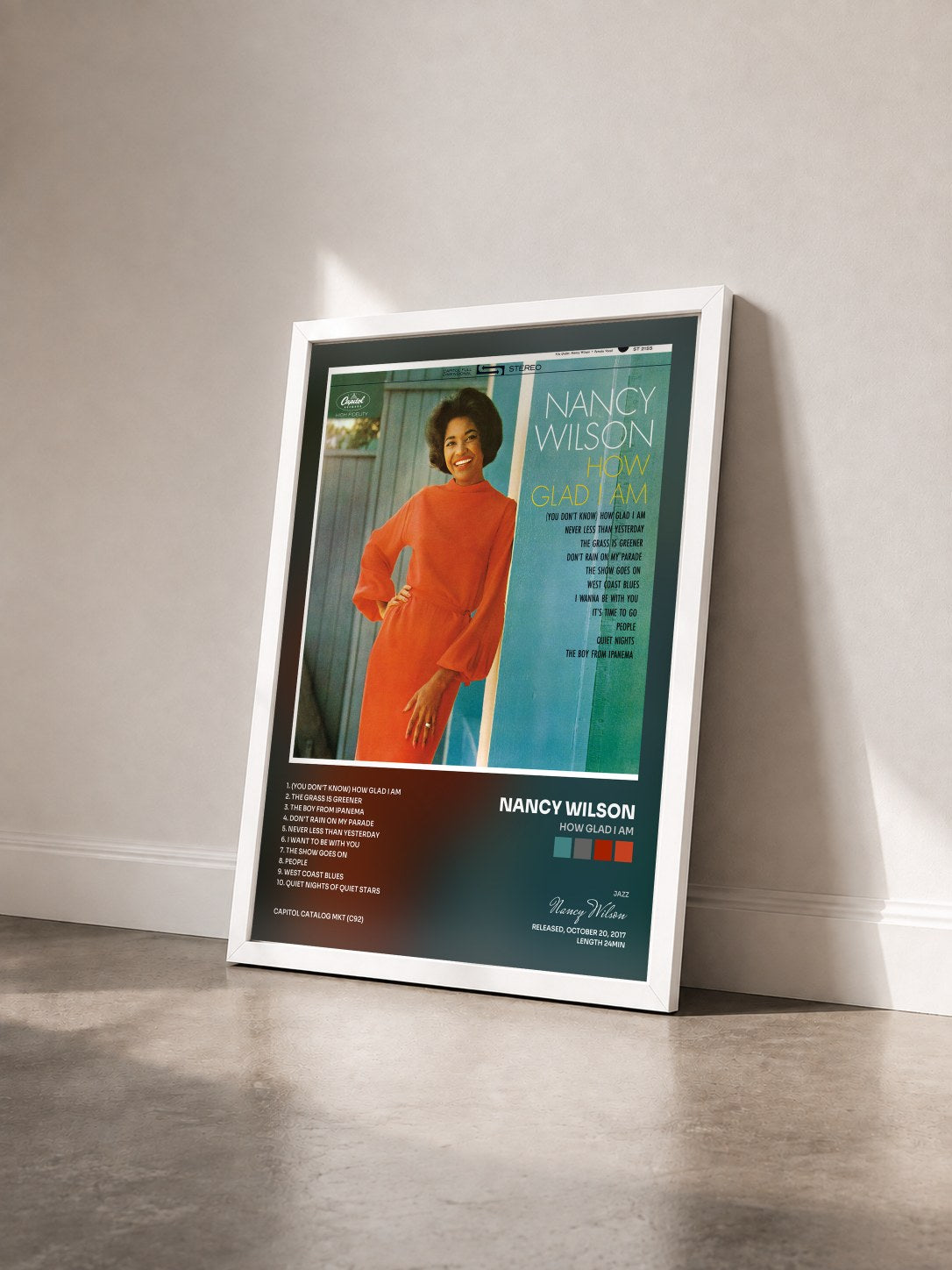 #blanc Tableau de l'album How Glad I Am de Nancy Wilson vu de trois quarts, cadre blanc