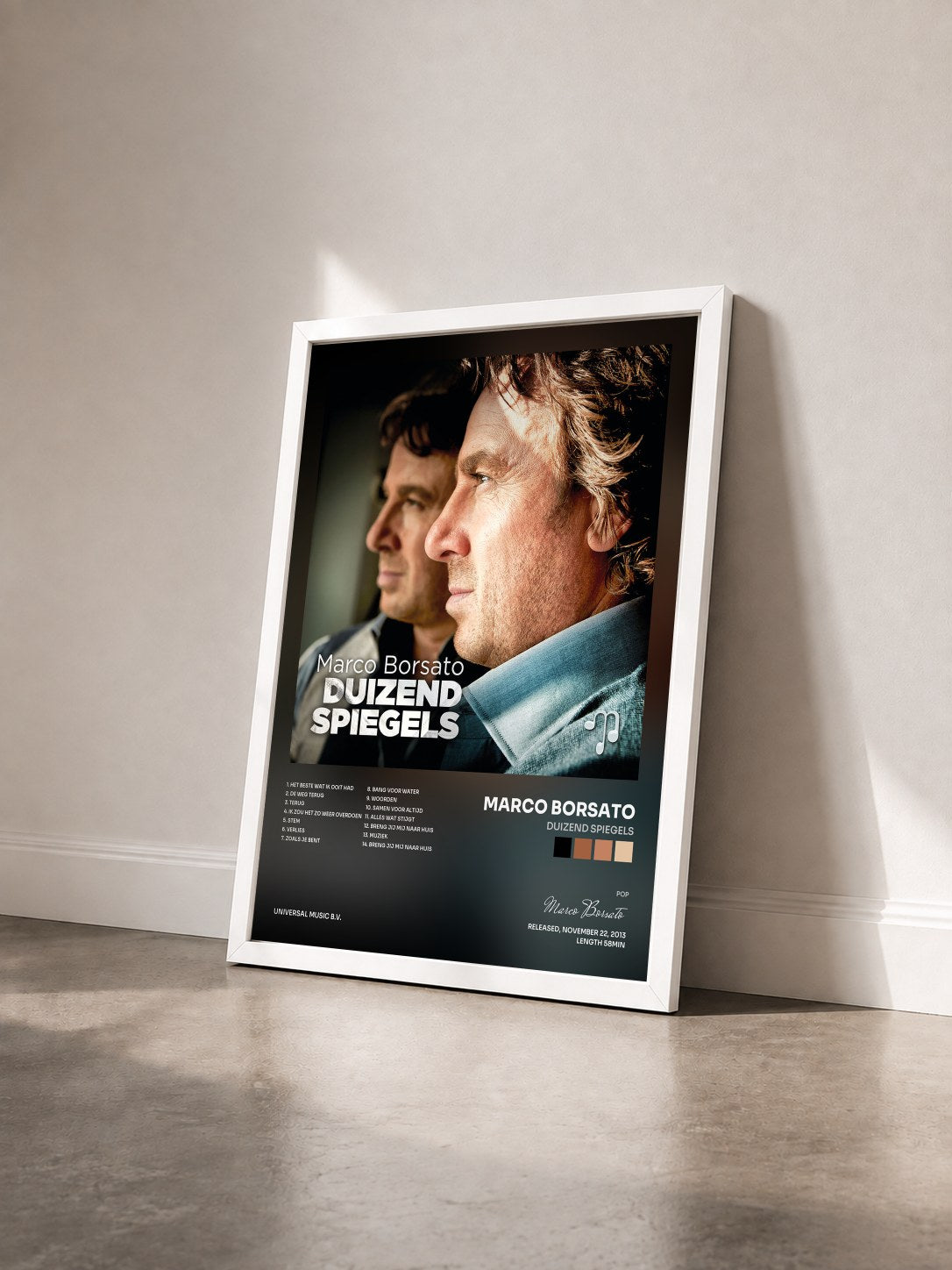 #blanc Tableau de l'album Duizend Spiegels de Marco Borsato vu de trois quarts, cadre blanc