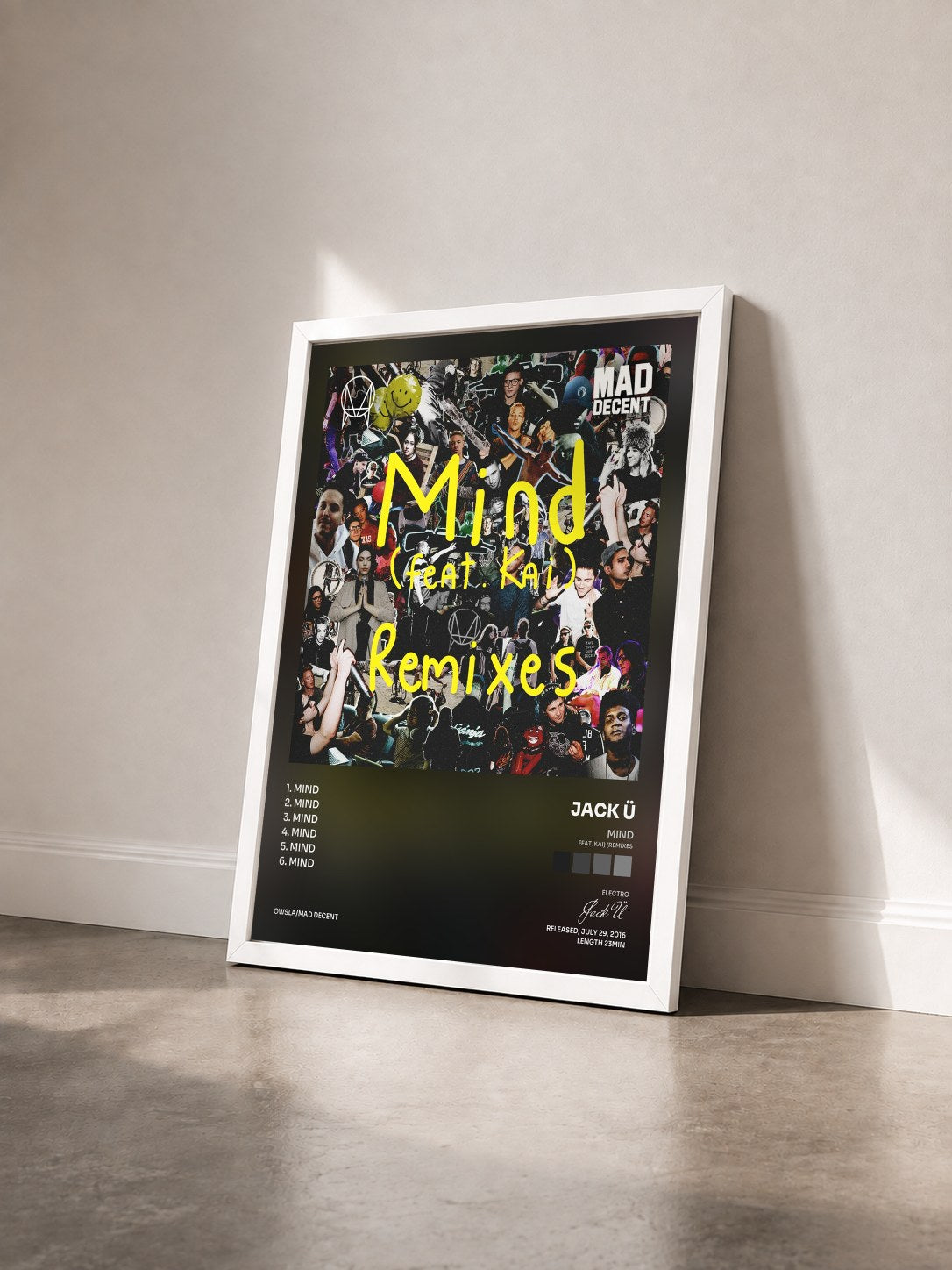 #blanc Tableau de l'album Mind (feat. Kai) (Remixes) de Jack Ü vu de trois quarts, cadre blanc