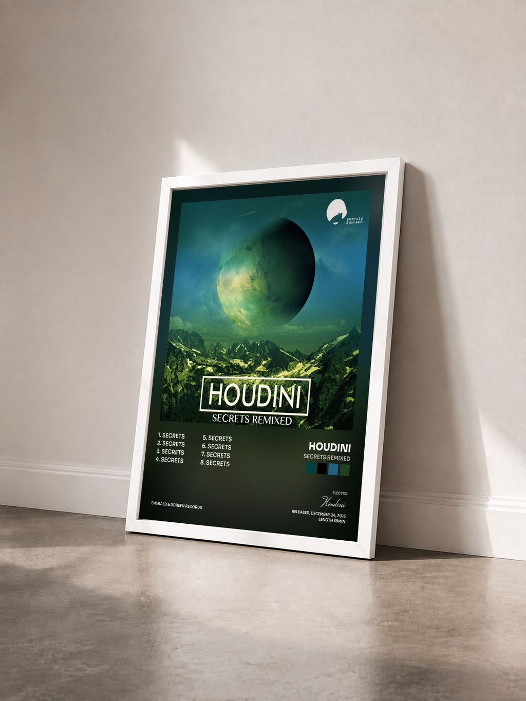 #blanc Secrets Remixed by Houdini as a framed art print seen at an angle, white frame