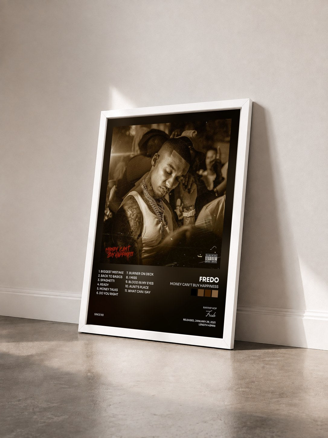 #blanc Tableau de l'album Money Can't Buy Happiness de Fredo vu de trois quarts, cadre blanc