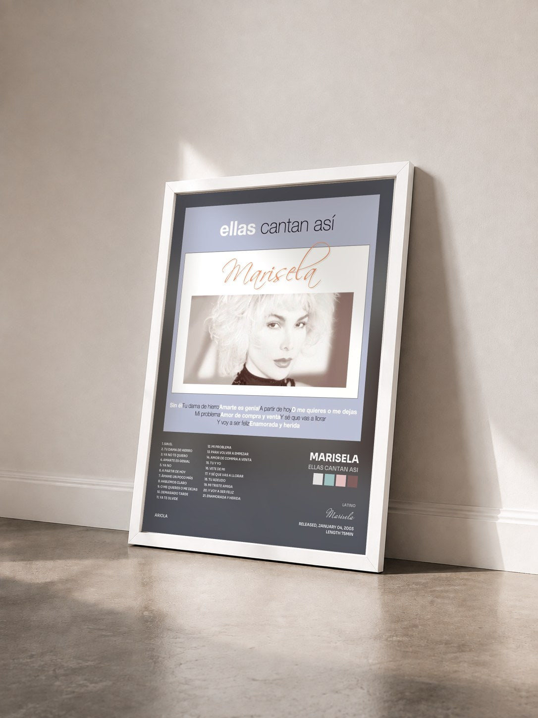 #blanc Tableau de l'album Ellas Cantan Asi de Marisela vu de trois quarts, cadre blanc