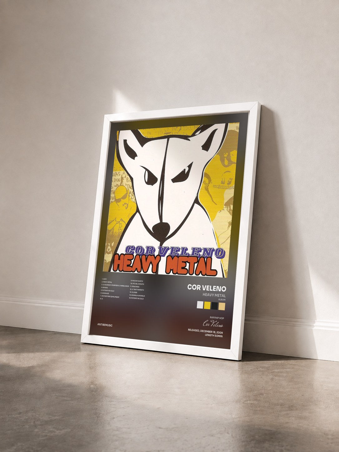 #blanc Tableau de l'album Heavy Metal (Album) de Cor Veleno vu de trois quarts, cadre blanc
