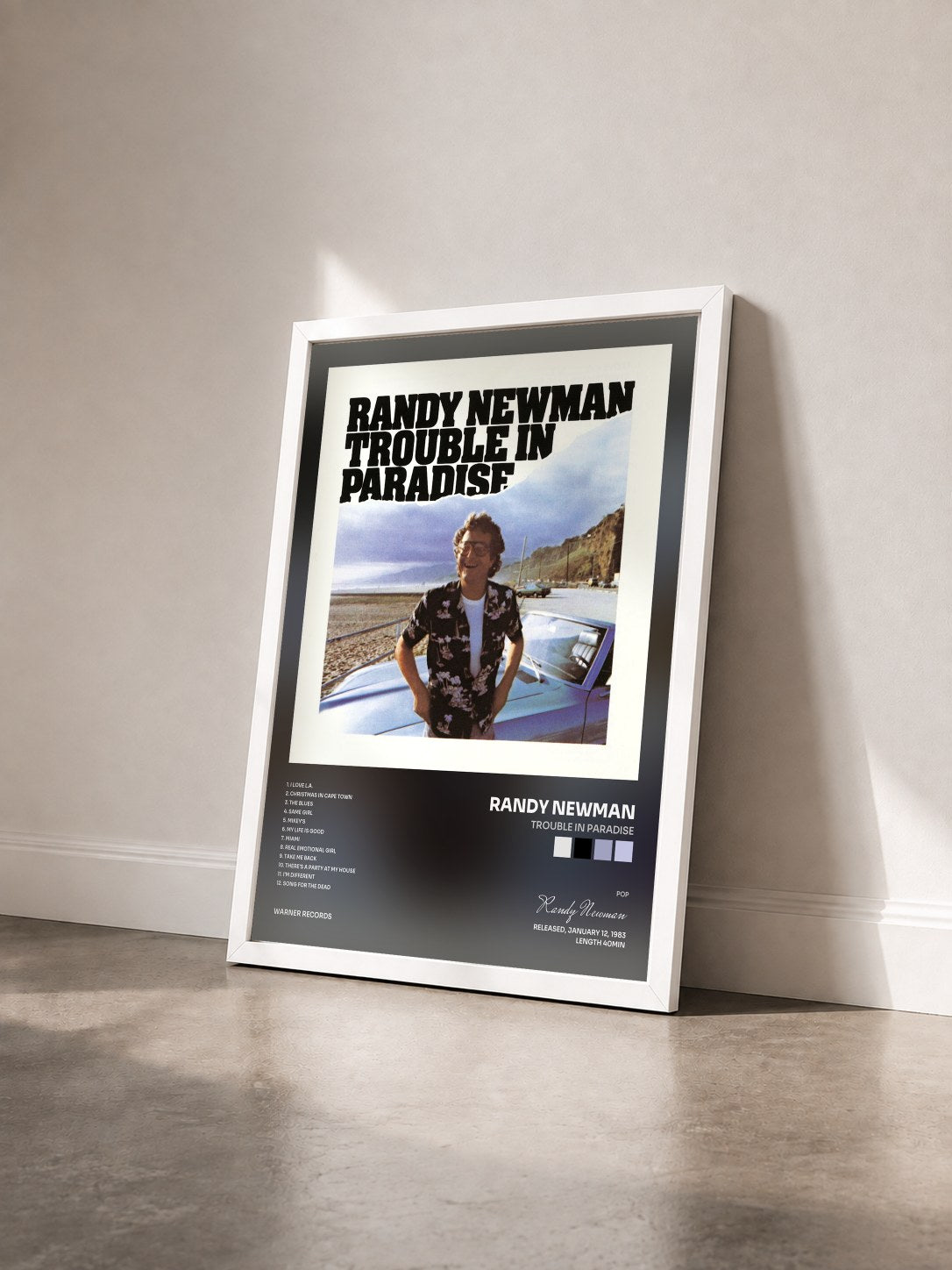 #blanc Tableau de l'album Trouble in Paradise de Randy Newman vu de trois quarts, cadre blanc