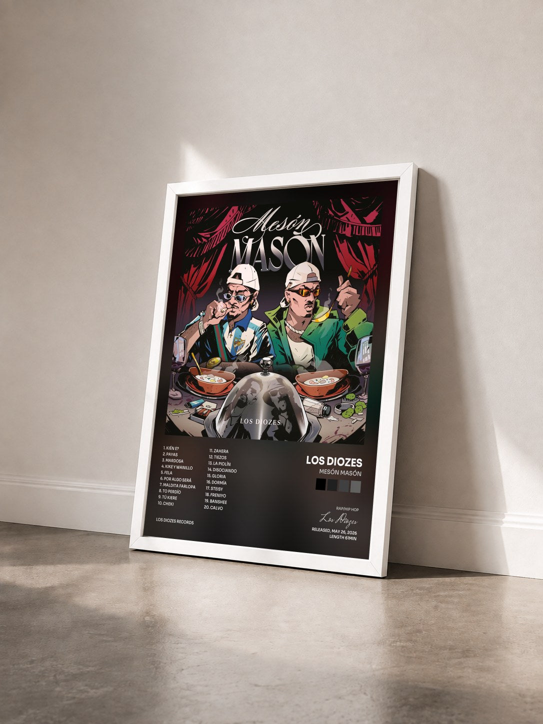 #blanc Tableau de l'album MESÓN MASÓN de Los Diozes vu de trois quarts, cadre blanc