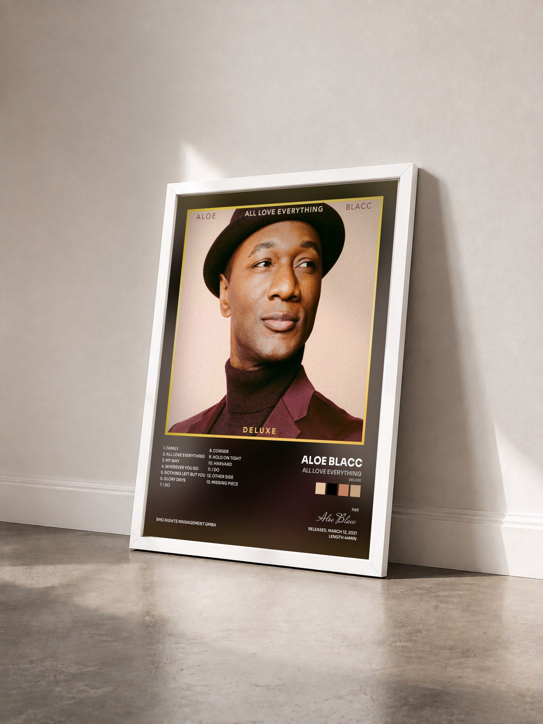 #blanc Tableau de l'album All Love Everything (Deluxe) de Aloe Blacc vu de trois quarts, cadre blanc