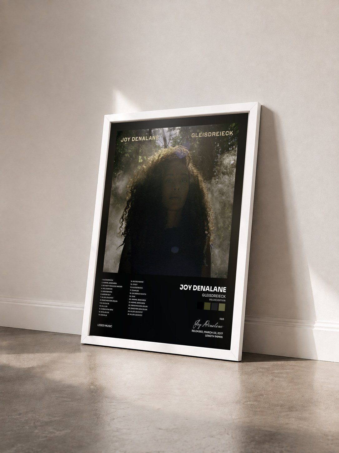 #blanc Tableau de l'album Gleisdreieck (Deluxe Edition) de Joy Denalane vu de trois quarts, cadre blanc