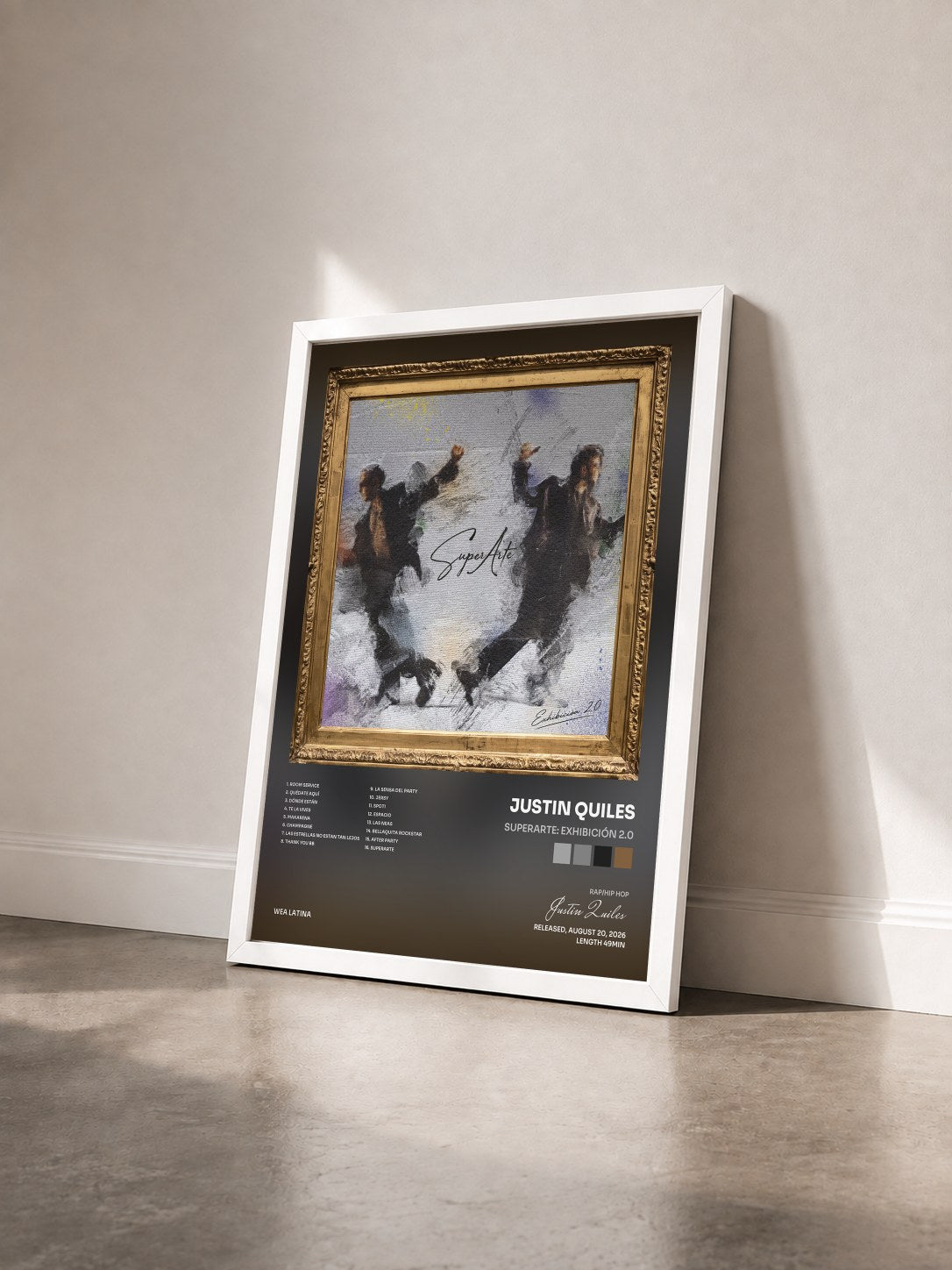 #blanc Tableau de l'album SUPERARTE: EXHIBICIÓN 2.0 de Justin Quiles vu de trois quarts, cadre blanc