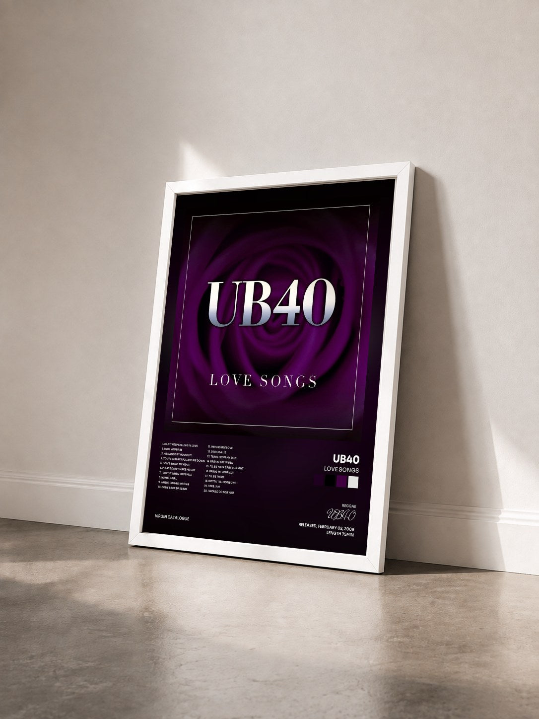 #blanc Tableau de l'album Love Songs de UB40 vu de trois quarts, cadre blanc