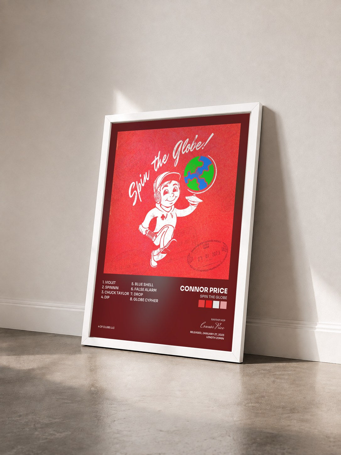 #blanc Tableau de l'album Spin The Globe de Connor Price vu de trois quarts, cadre blanc