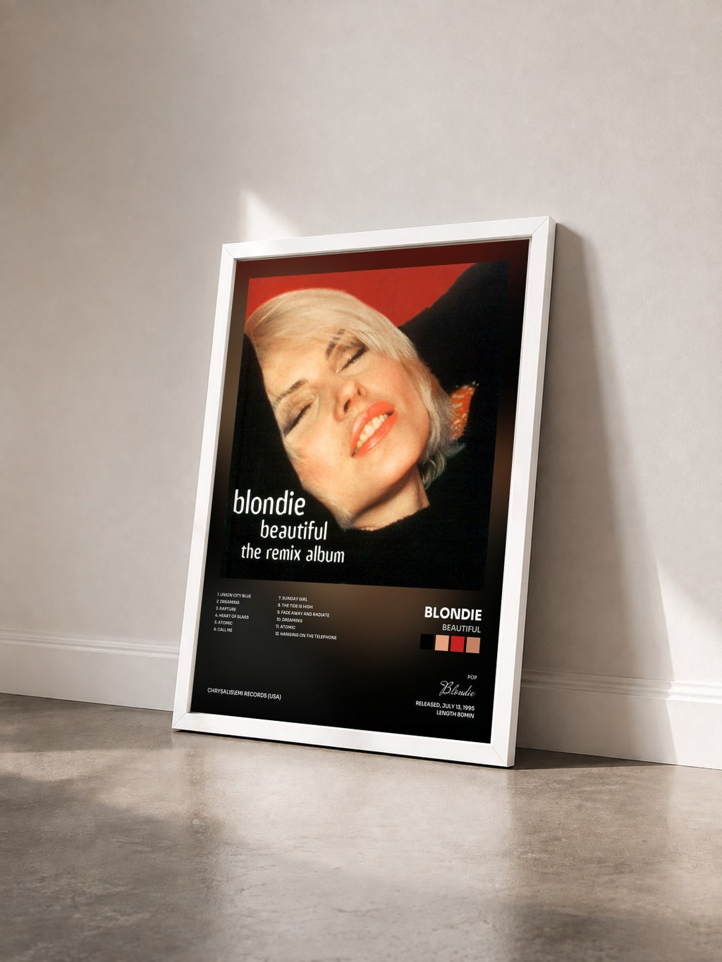 #blanc Tableau de l'album Beautiful de Blondie vu de trois quarts, cadre blanc