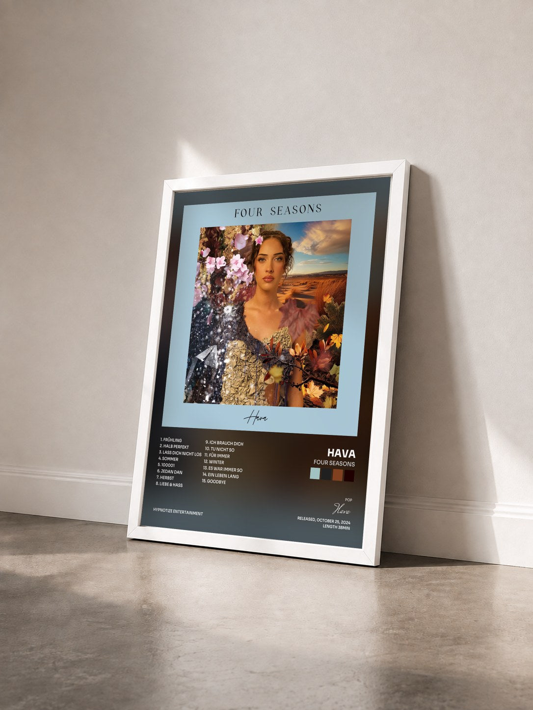 #blanc Tableau de l'album FOUR SEASONS de Hava vu de trois quarts, cadre blanc