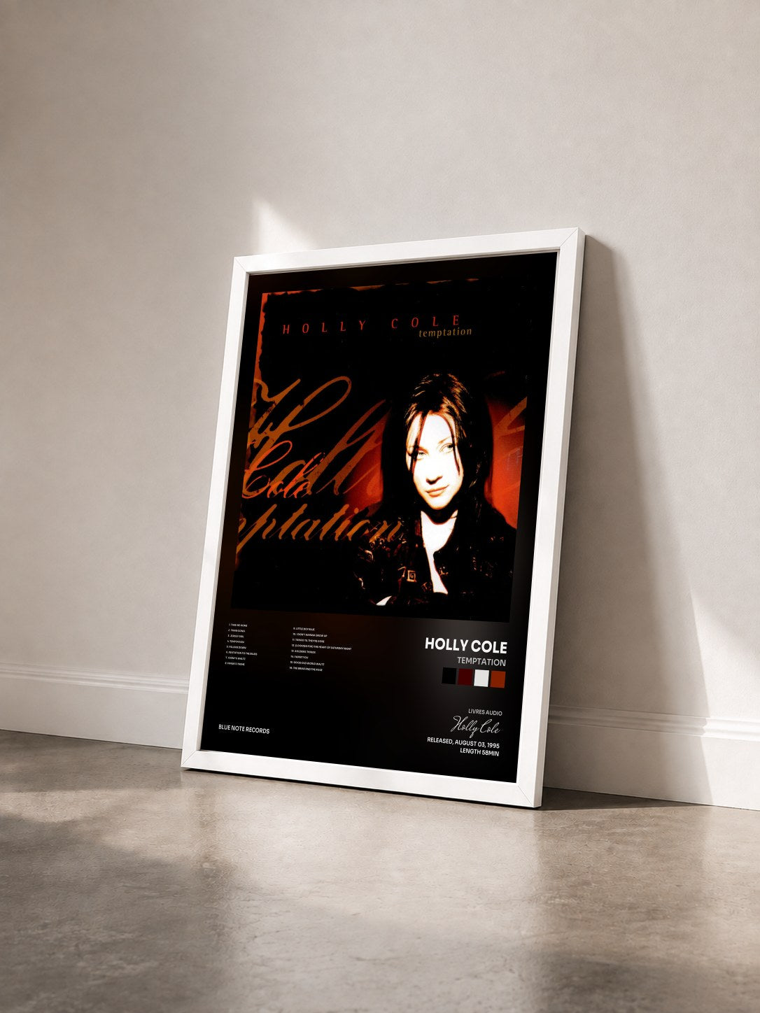 #blanc Tableau de l'album Temptation de Holly Cole vu de trois quarts, cadre blanc