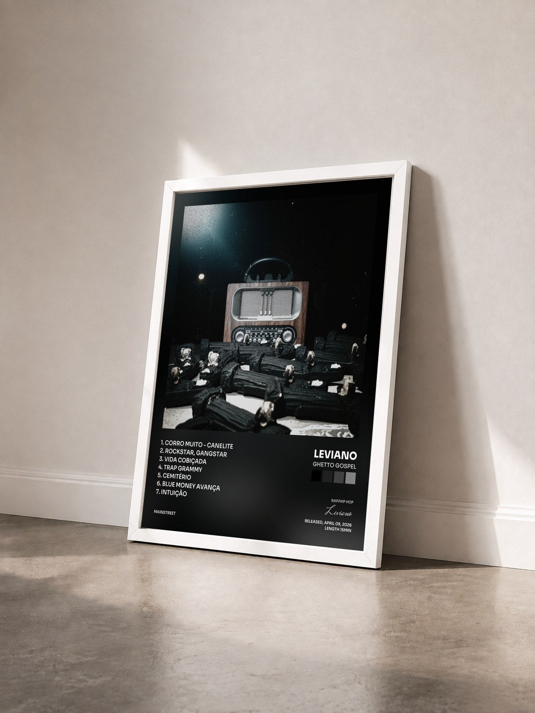 #blanc Tableau de l'album GHETTO GOSPEL de Leviano vu de trois quarts, cadre blanc