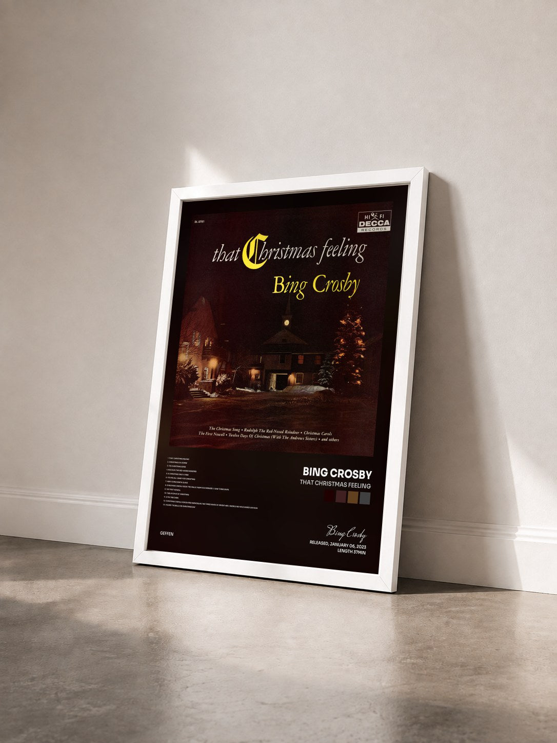 #blanc Tableau de l'album That Christmas Feeling de Bing Crosby vu de trois quarts, cadre blanc