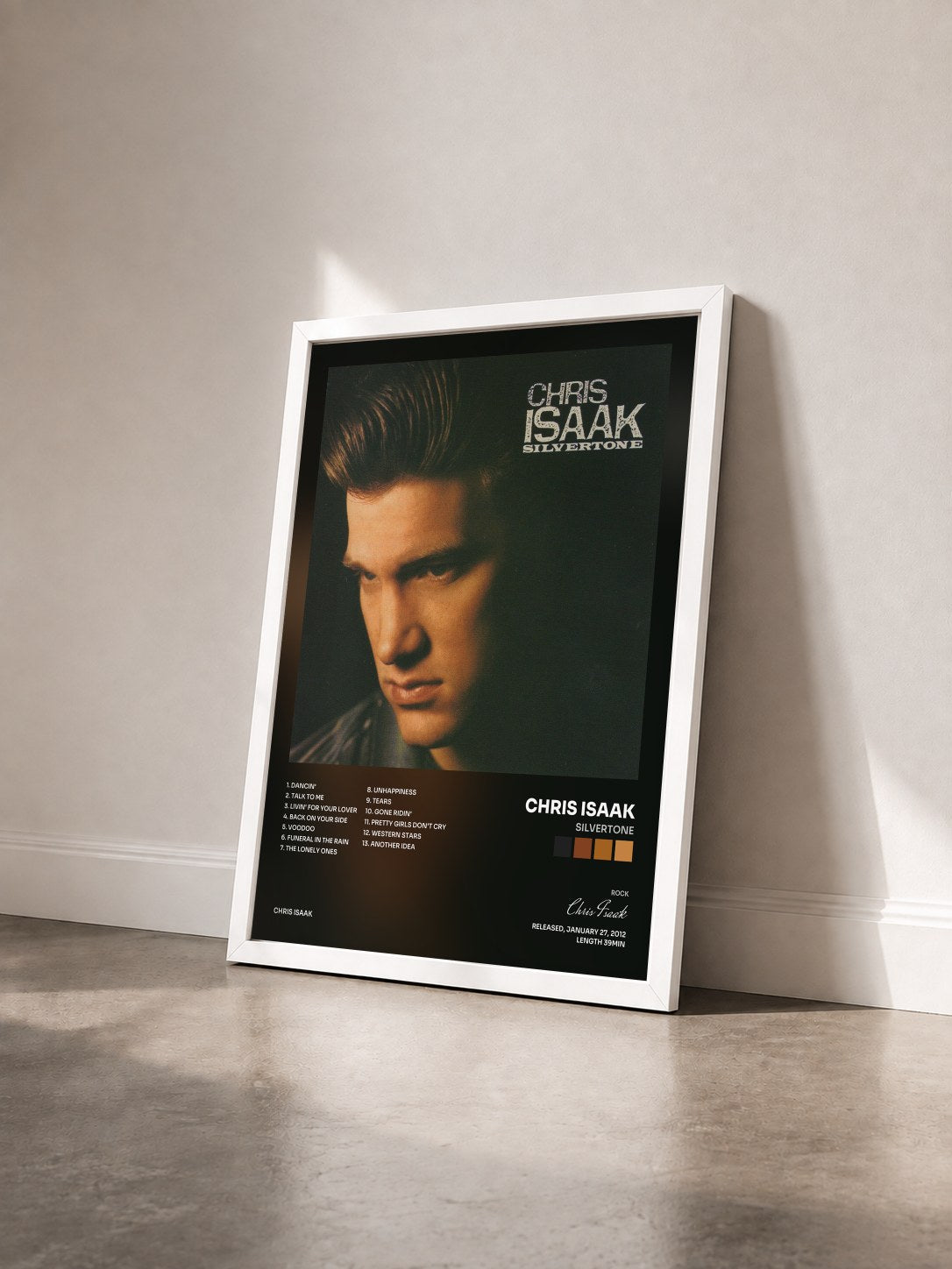 #blanc Tableau de l'album Silvertone de Chris Isaak vu de trois quarts, cadre blanc