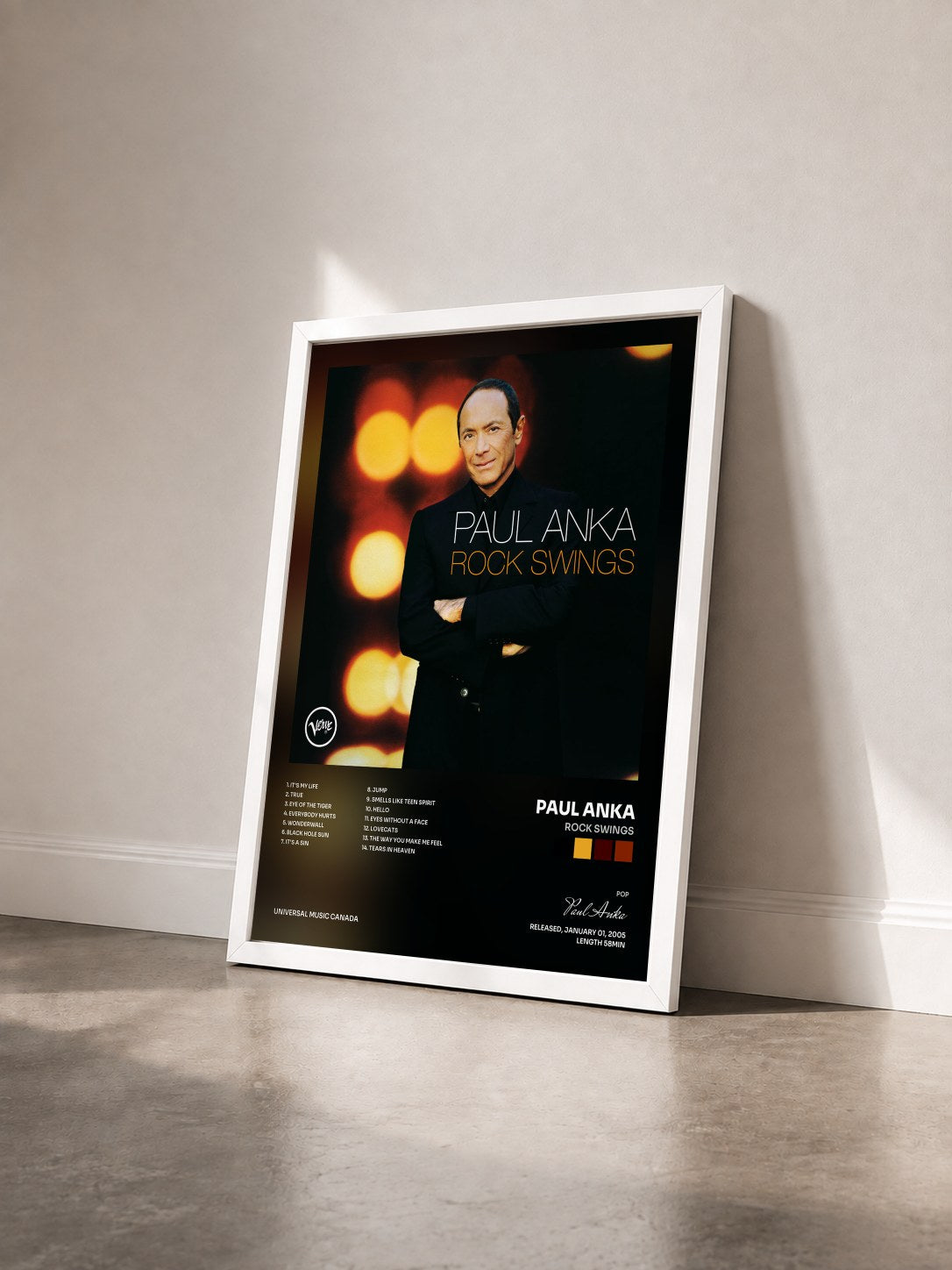 #blanc Tableau de l'album Rock Swings de Paul Anka vu de trois quarts, cadre blanc