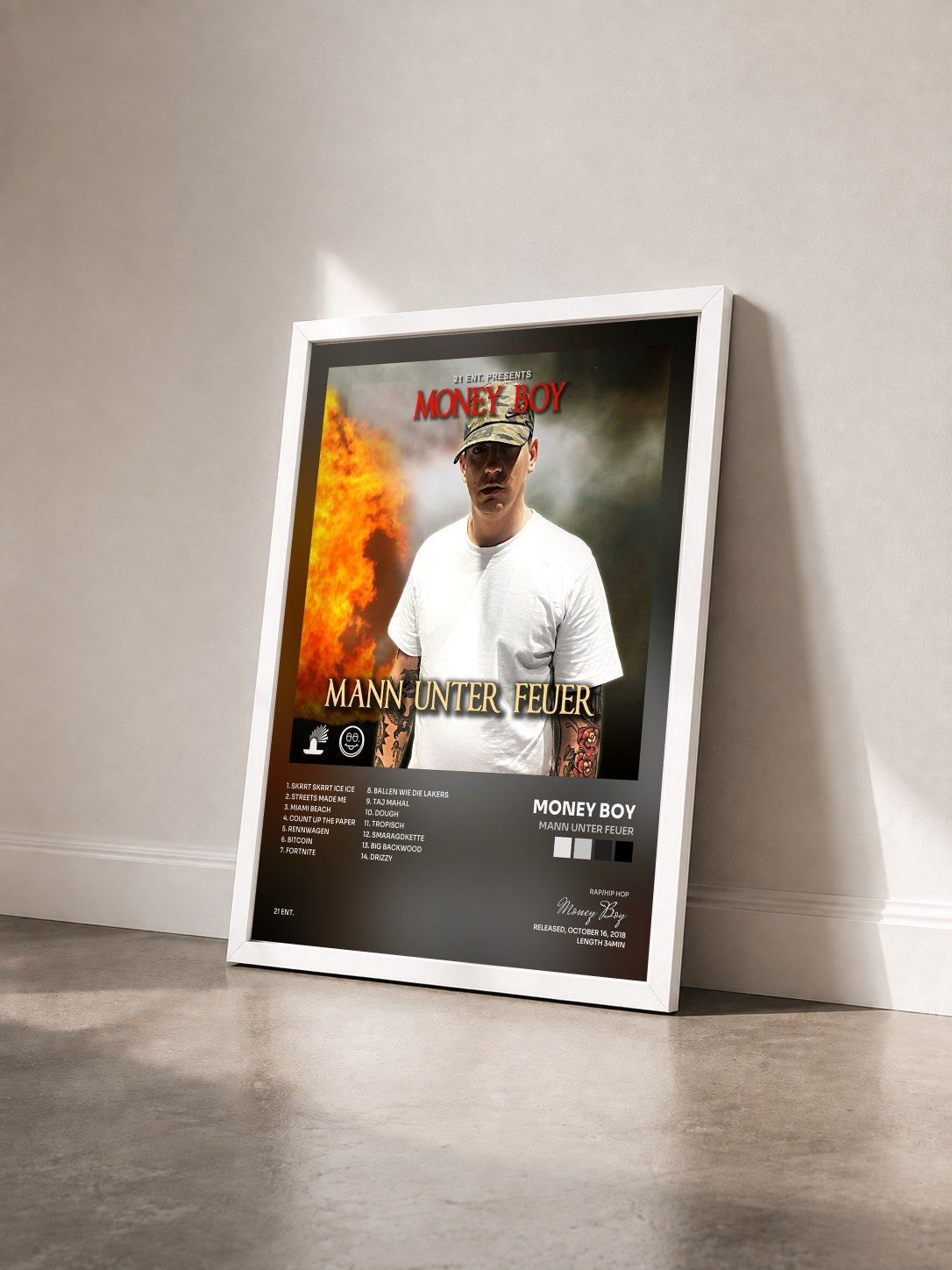 #blanc Tableau de l'album Mann unter Feuer de Money Boy vu de trois quarts, cadre blanc