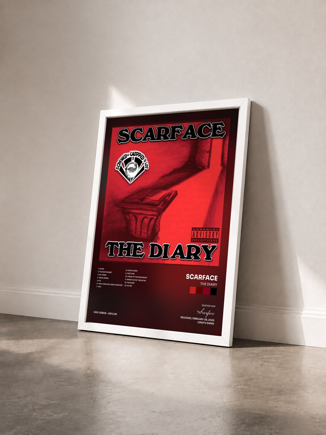 #blanc Tableau de l'album The Diary de Scarface vu de trois quarts, cadre blanc