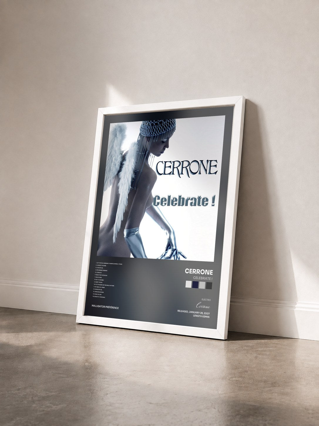 #blanc Tableau de l'album Celebrate ! de Cerrone vu de trois quarts, cadre blanc