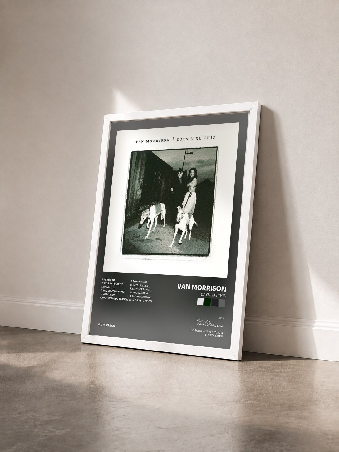 #blanc Tableau de l'album Days Like This de Van Morrison vu de trois quarts, cadre blanc