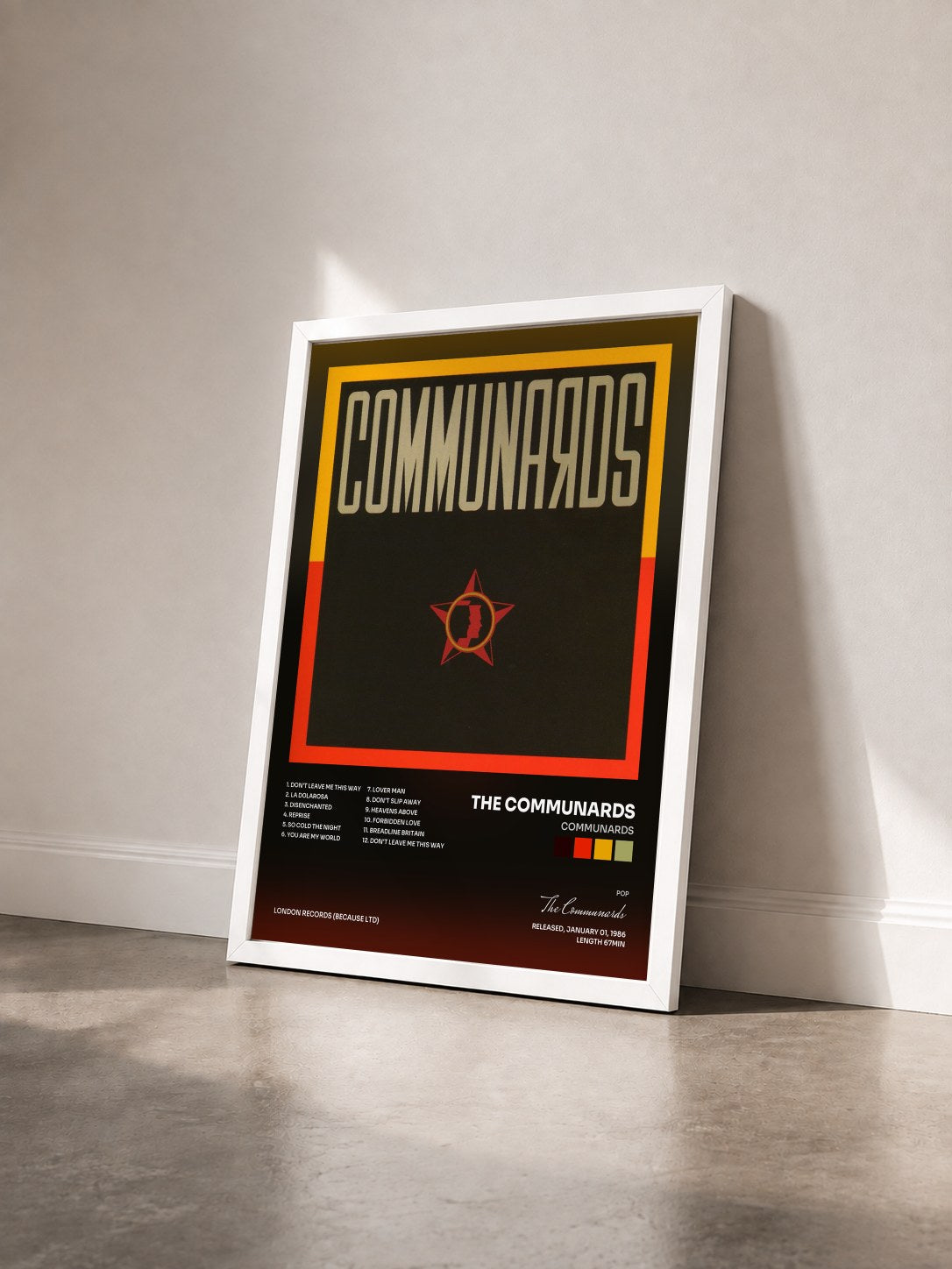 #blanc Tableau de l'album Communards de The Communards vu de trois quarts, cadre blanc
