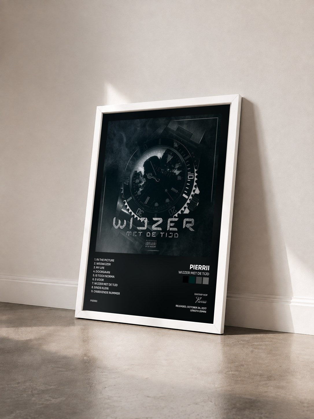 #blanc Tableau de l'album Wijzer Met De Tijd de Pierrii vu de trois quarts, cadre blanc