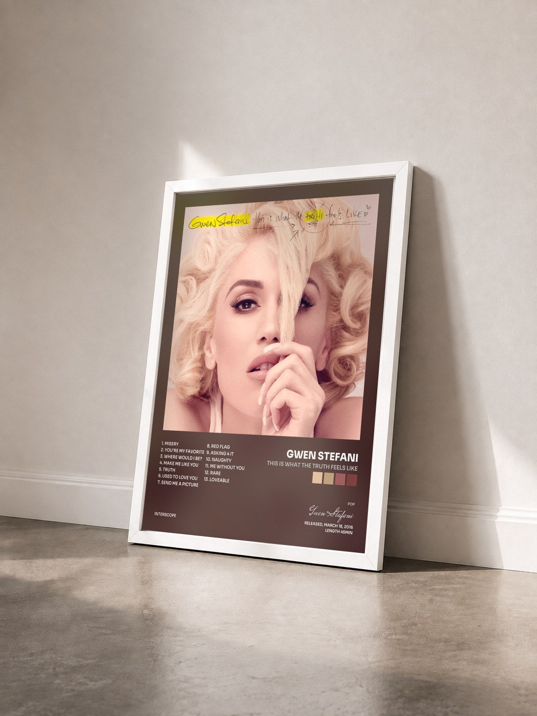 #blanc Tableau de l'album This Is What The Truth Feels Like de Gwen Stefani vu de trois quarts, cadre blanc