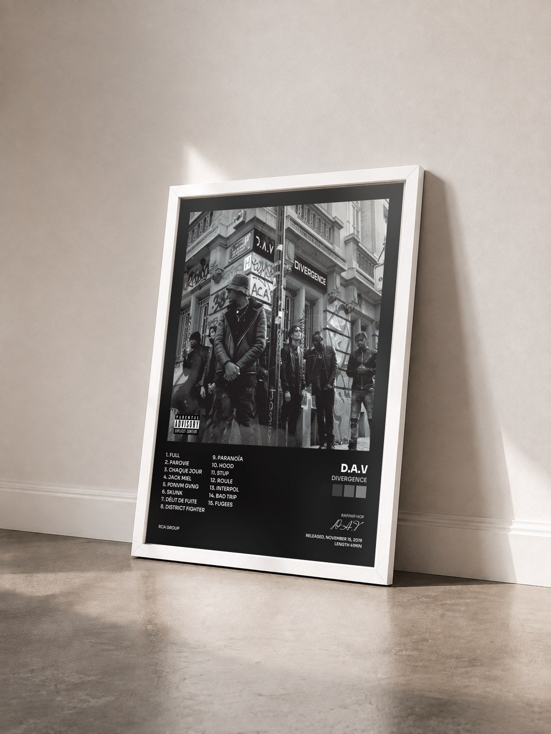 #blanc Tableau de l'album Divergence de D.A.V vu de trois quarts, cadre blanc