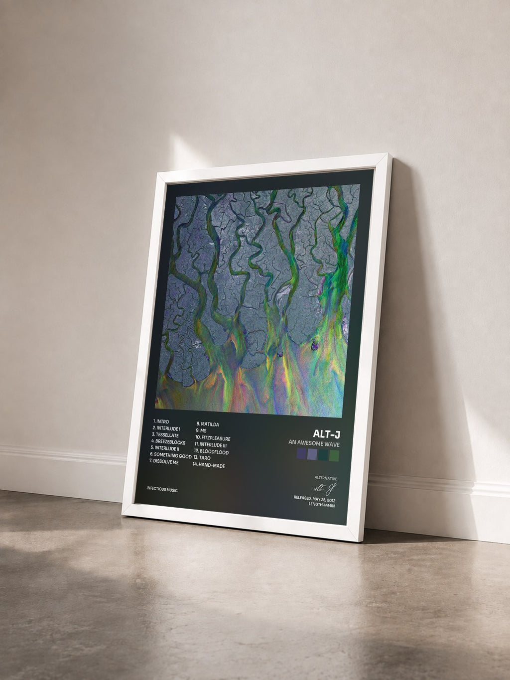 #blanc Tableau de l'album An Awesome Wave de alt-J vu de trois quarts, cadre blanc