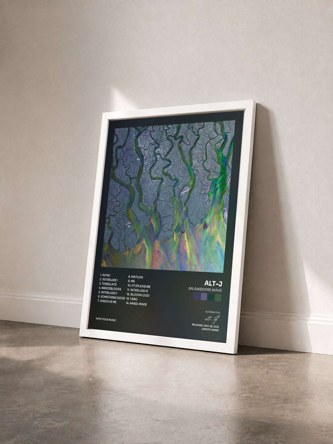 #blanc Tableau de l'album An Awesome Wave de alt-J vu de trois quarts, cadre blanc