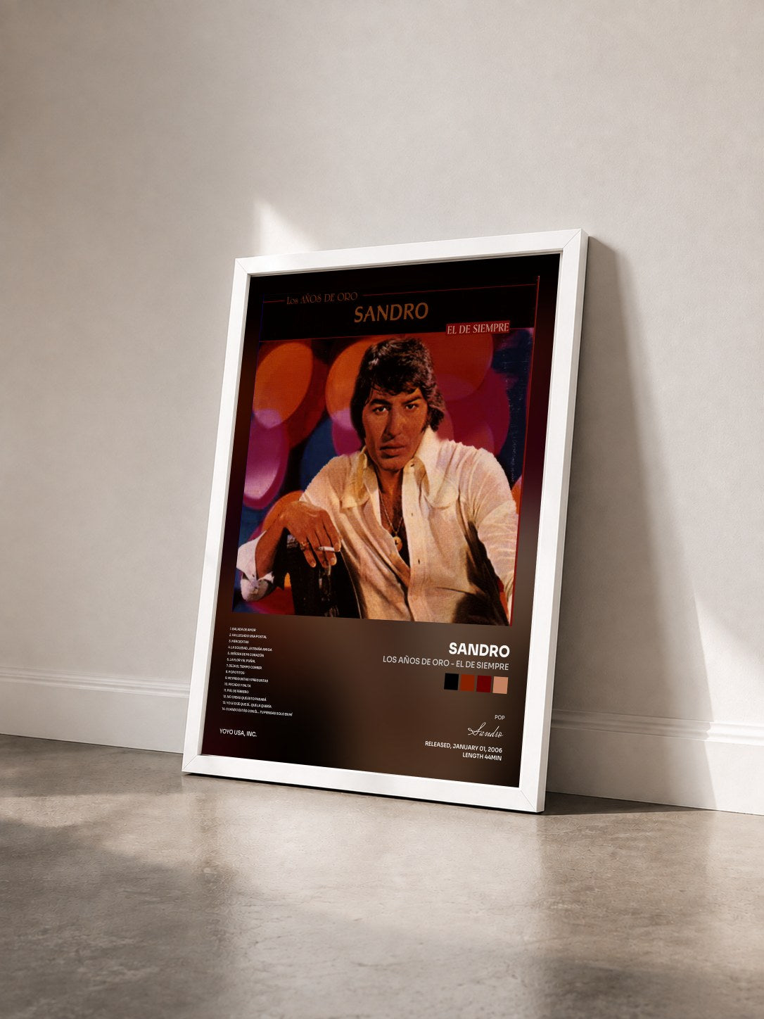 #blanc Tableau de l'album Los Años De Oro - El De Siempre de Sandro vu de trois quarts, cadre blanc