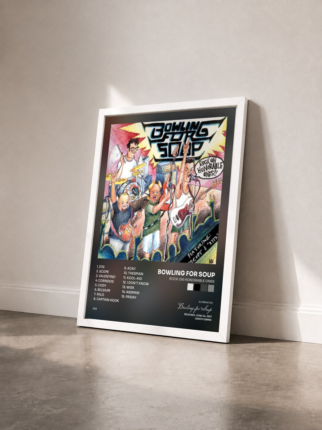 #blanc Tableau de l'album Rock On Honorable Ones de Bowling for Soup vu de trois quarts, cadre blanc