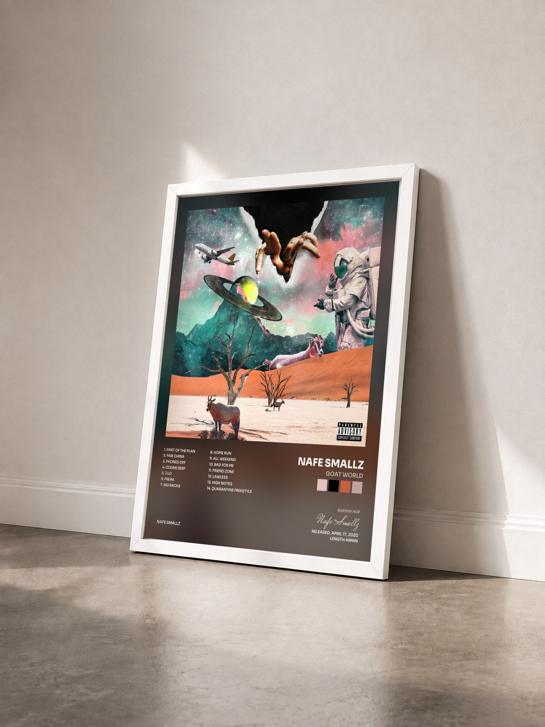 #blanc Tableau de l'album Goat World de Nafe Smallz vu de trois quarts, cadre blanc