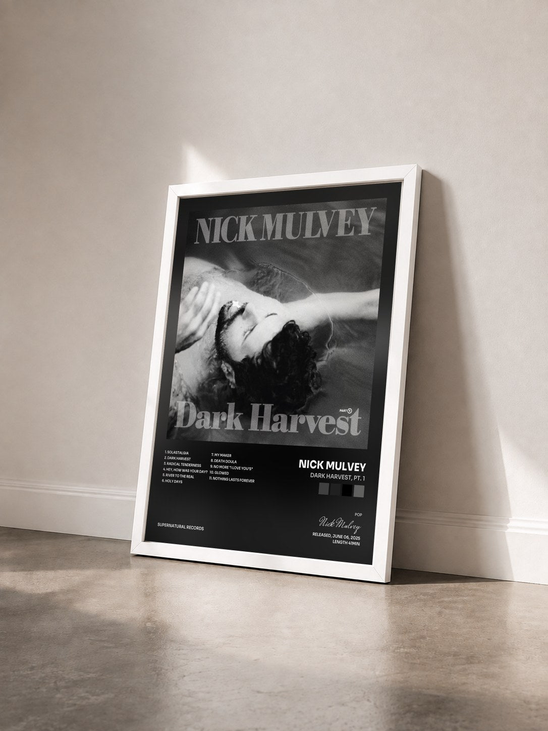 #blanc Tableau de l'album Dark Harvest, Pt. 1 de Nick Mulvey vu de trois quarts, cadre blanc