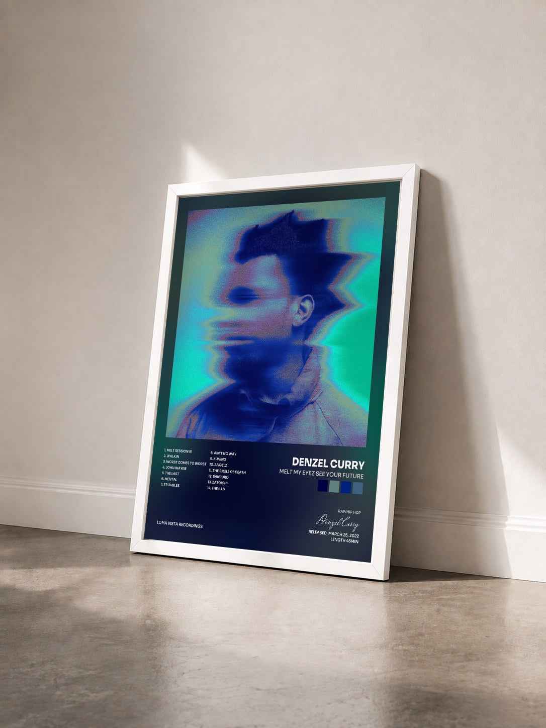 #blanc Tableau de l'album Melt My Eyez See Your Future de Denzel Curry vu de trois quarts, cadre blanc