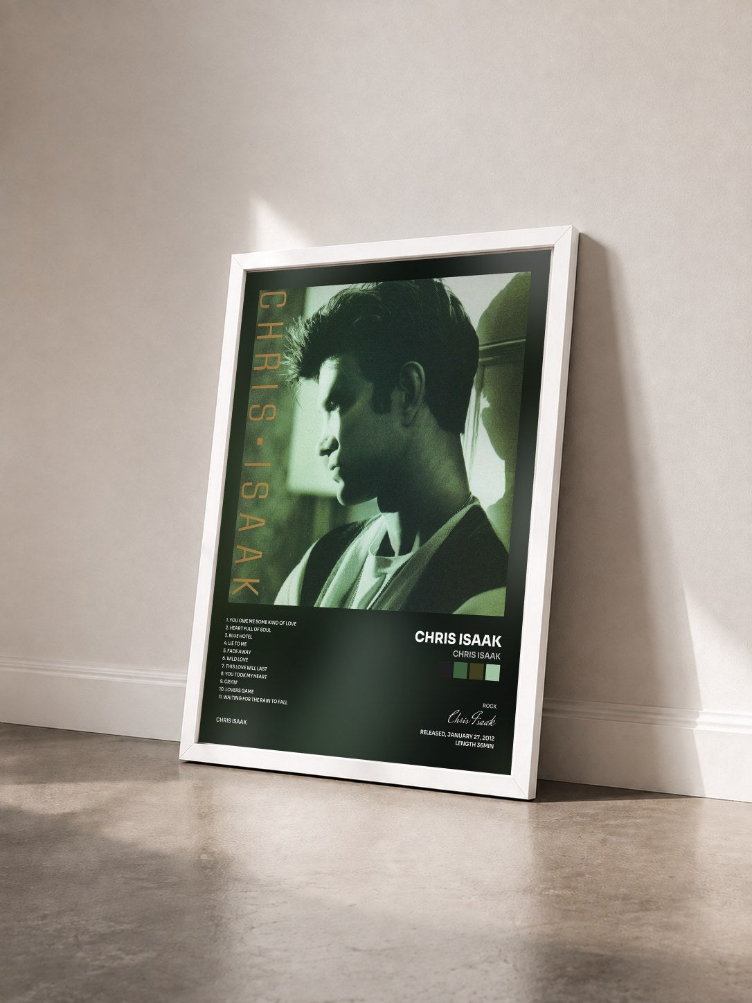 #blanc Tableau de l'album Chris Isaak de Chris Isaak vu de trois quarts, cadre blanc