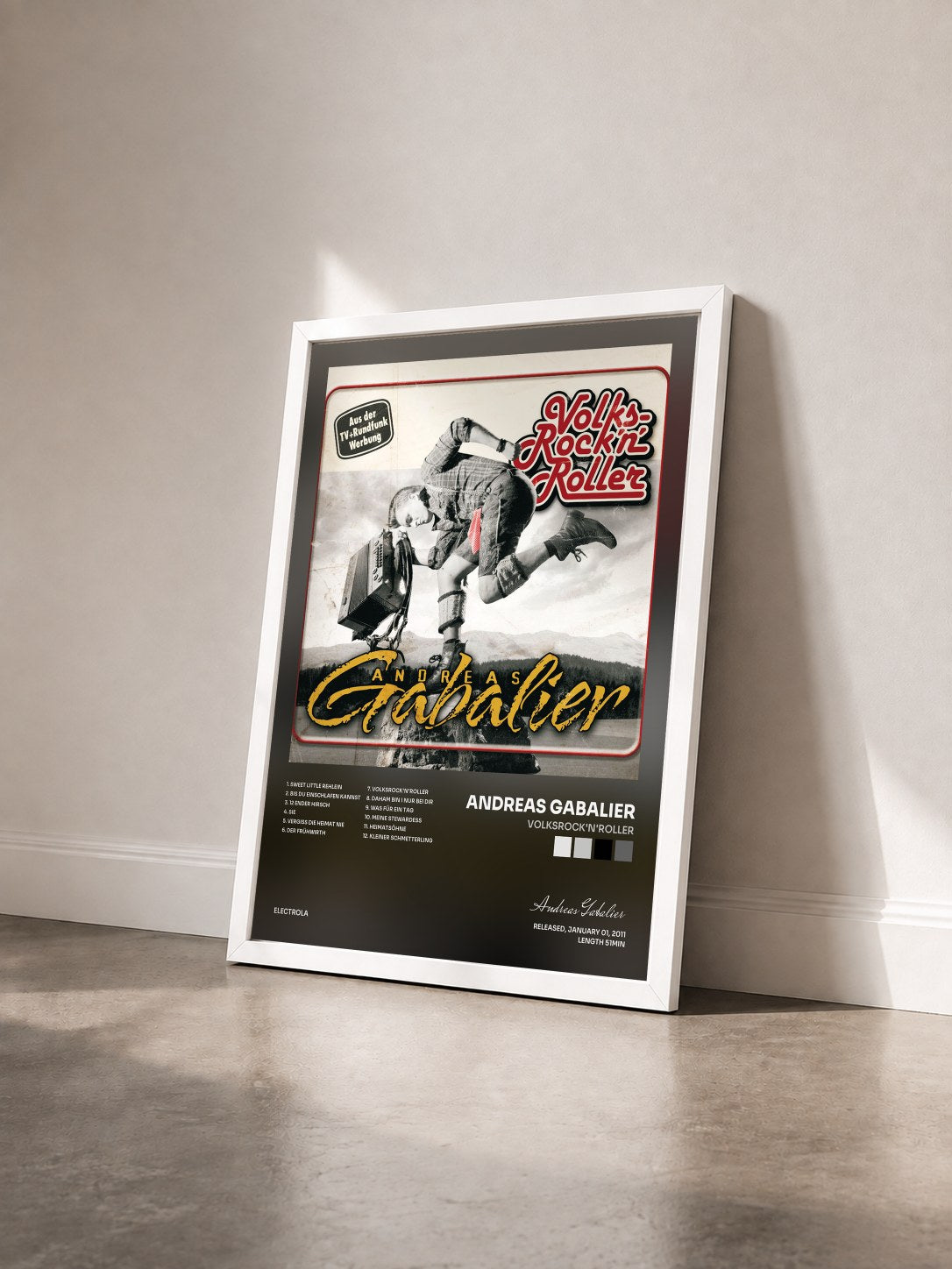#blanc Tableau de l'album VolksRock'n'Roller de Andreas Gabalier vu de trois quarts, cadre blanc
