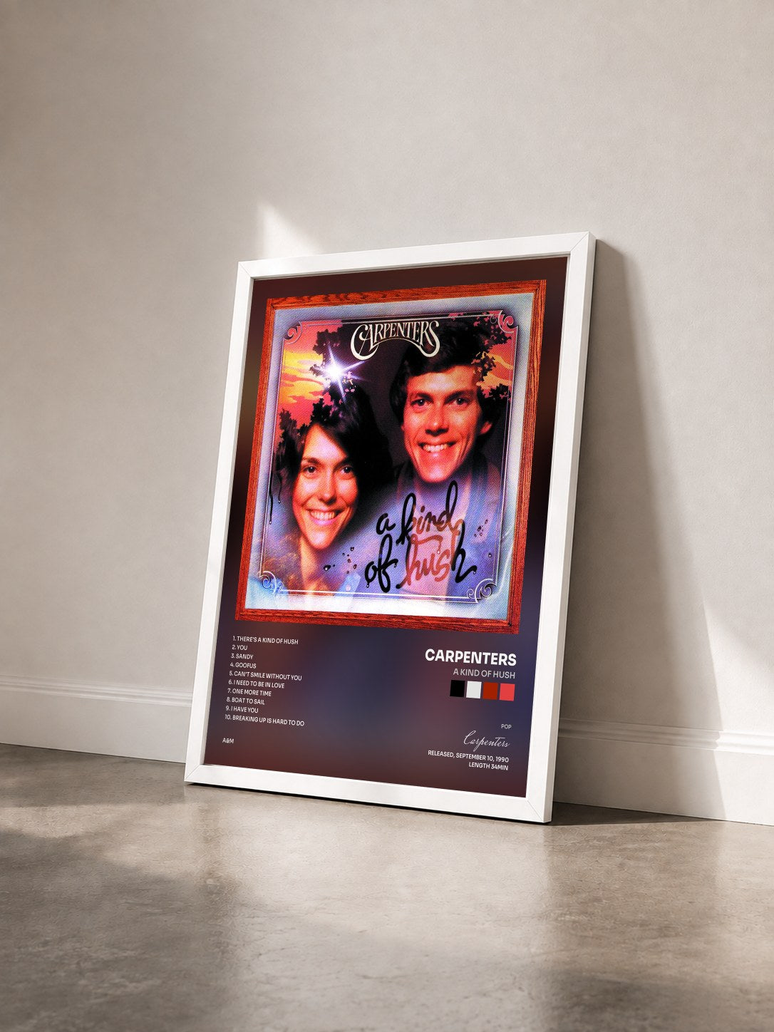 #blanc Tableau de l'album A Kind Of Hush de Carpenters vu de trois quarts, cadre blanc