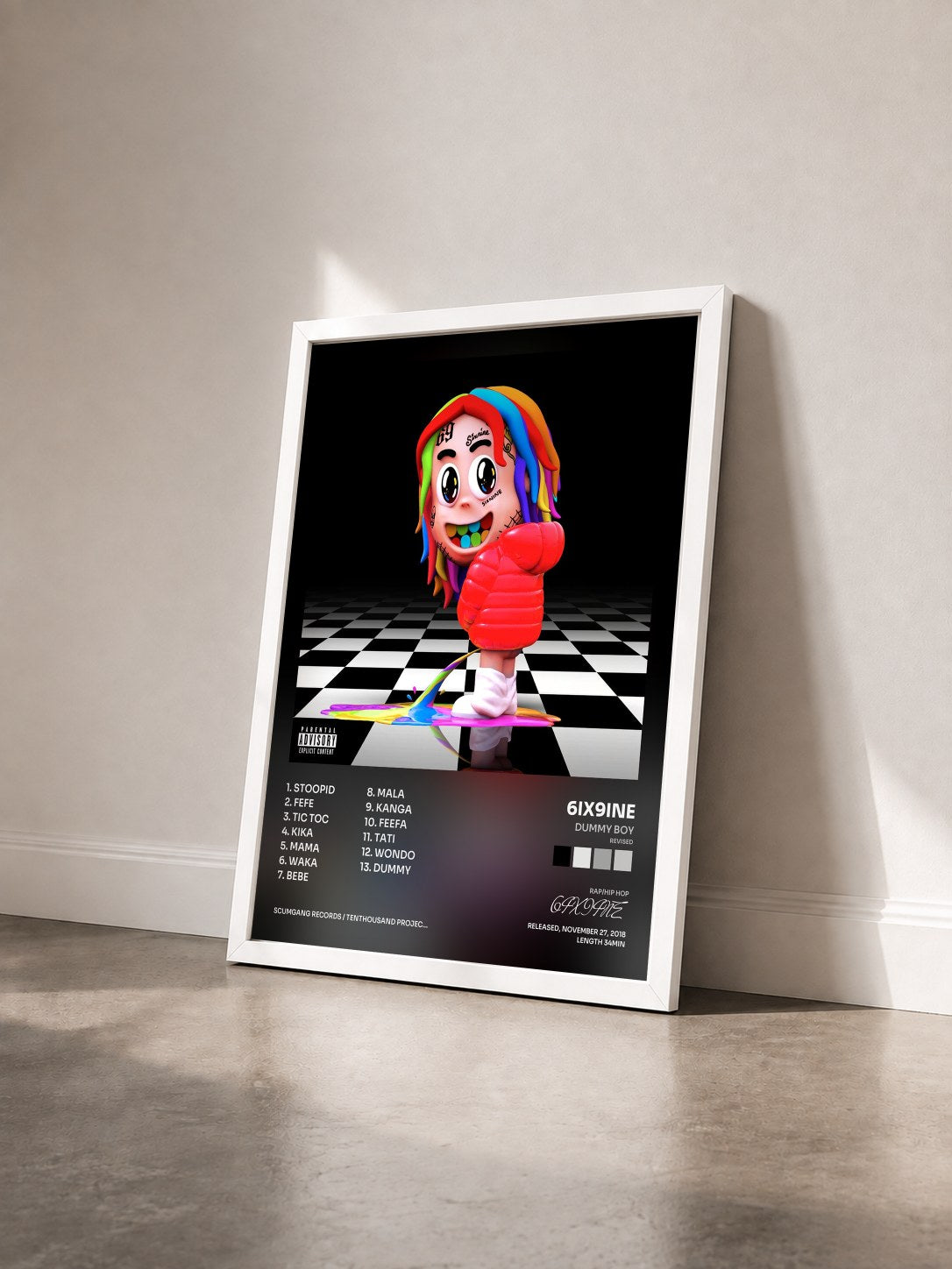 #blanc Tableau de l'album DUMMY BOY (Revised) de 6IX9INE vu de trois quarts, cadre blanc